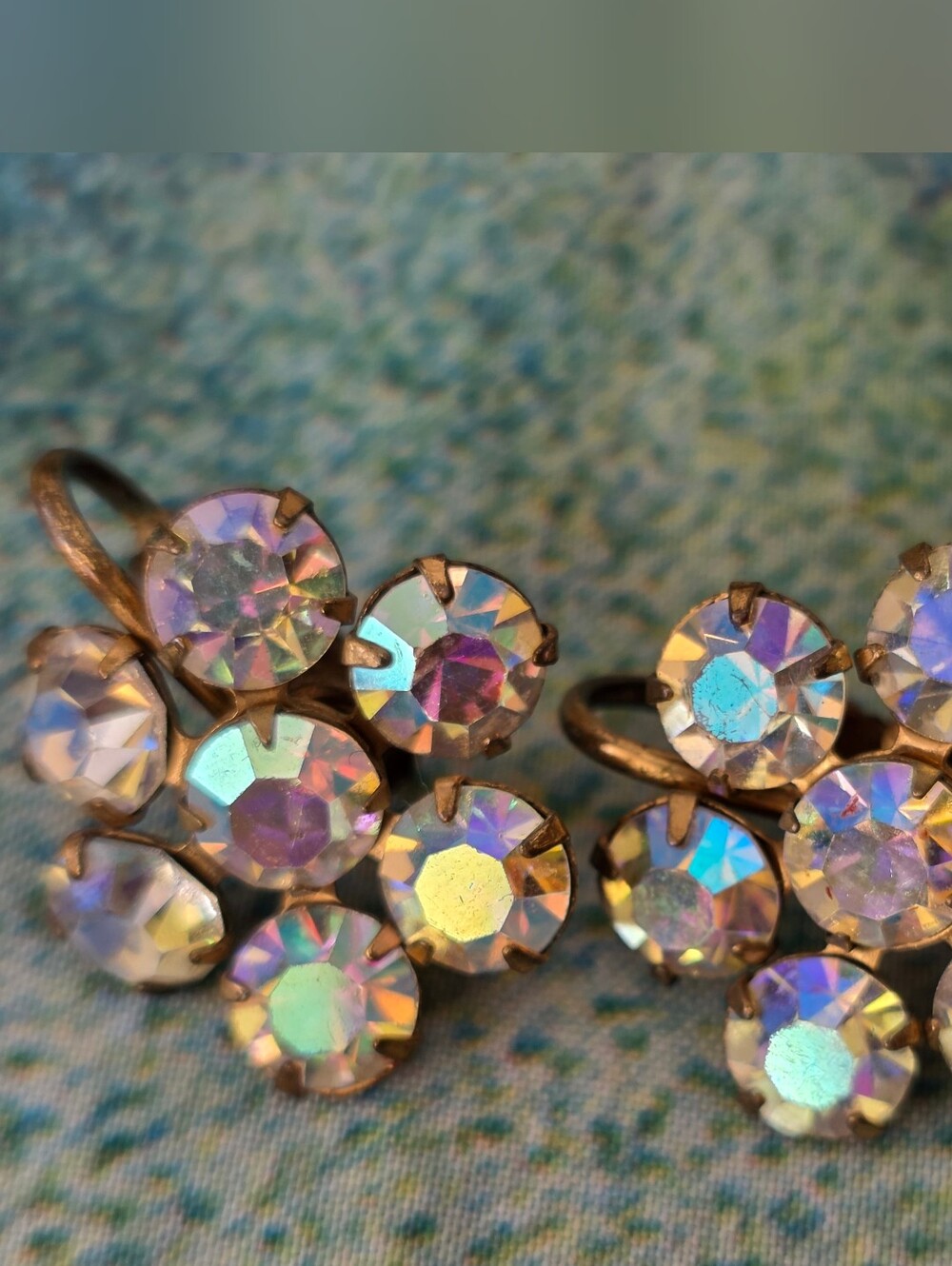 Vintage Hollywood Glam Aurora Borealis Crystal Cluster Earrings Fairy Iridescent